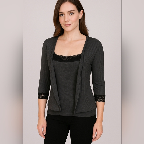 Gray 2 pc cami tank top with sub-style cardigan black lace 3 sizes - Picture 2 of 5